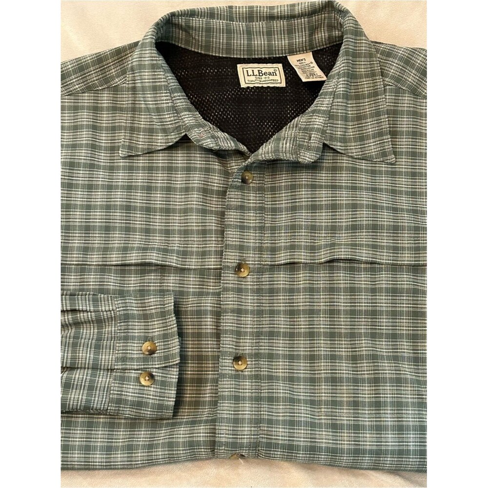 LL Bean Shirt Mens Large Regular Green Plaid Coolmax Long Sleeve Vented Fishing